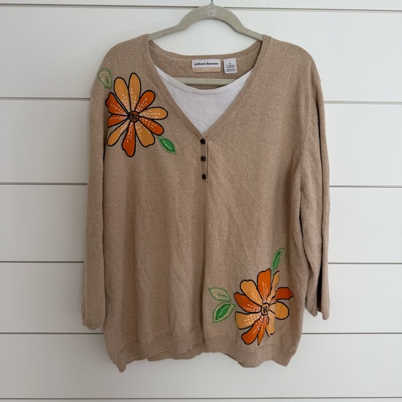 Alfred Dunner Sweaters - Alfred Dunner 3XL Embroidered Flower Sweater Top 3/4 Sleeve Tan Lightweight